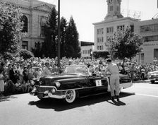 Cadillac convertible in a street parade, USA, (c1958?)