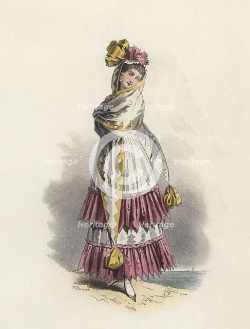 Cadiz woman, color engraving 1870.
