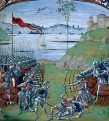 Caesar and Pompey fighting the Gauls, 1473. Creator: Master of the London Wavrin