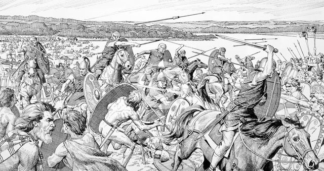 Caesar's army on a battle across the Thames, 54 BC. Creator: Derek Lucas.