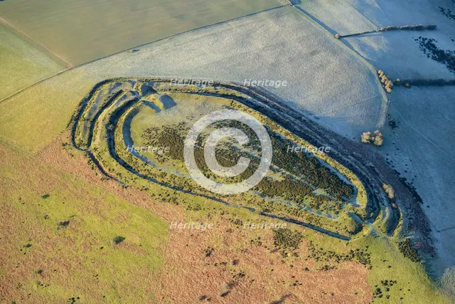 Caer Caradoc, an Iron Age multivallate hillfort earthwork, Chapel Lawn, Shropshire, 2024. Creator: Damian Grady.
