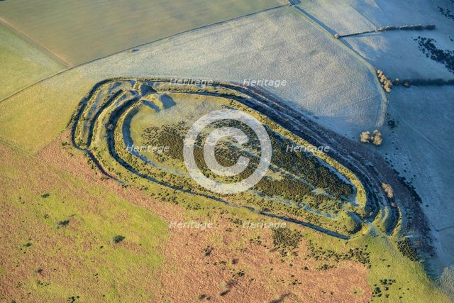 Caer Caradoc, an Iron Age multivallate hillfort earthwork, Chapel Lawn, Shropshire, 2024. Creator: Damian Grady.