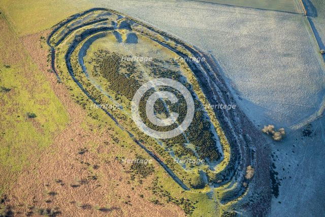 Caer Caradoc, an Iron Age multivallate hillfort earthwork, Chapel Lawn, Shropshire, 2024. Creator: Damian Grady.