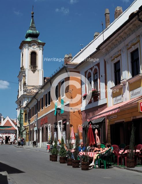 Café and church, Szentendre, Hungary. Creator: Peter Thompson.