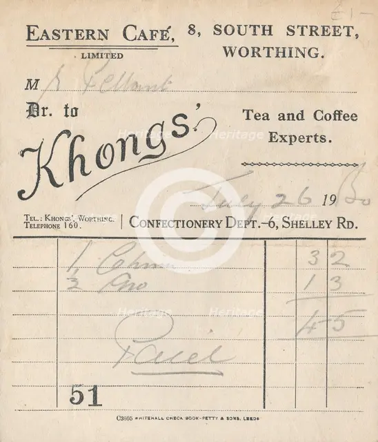 Cafe receipt, 1950. Creator: Unknown.