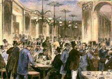 Café Swiss or Café of artists of Madrid, 1871, colored engraving in La Ilustración Española y Am…