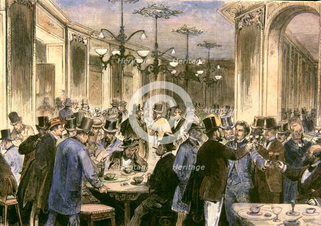 Café Swiss or Café of artists of Madrid, 1871, colored engraving in 'La Ilustración Española y Am…