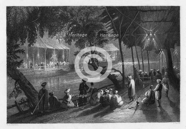 Cafes on a branch of the Barrada River (the ancient Pharpar), Damascus, Syria, 1841.Artist: S Smith