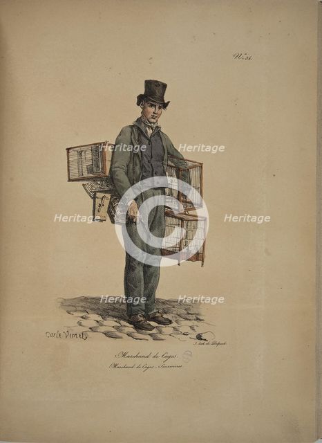 Cage merchant. From the Series "Cris de Paris" (The Cries of Paris), 1815. Creator: Vernet, Carle (1758-1836).