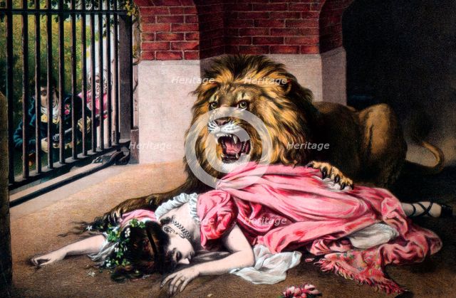 'Caged Lion with sleeping woman'. c19th century. Artist: Unknown