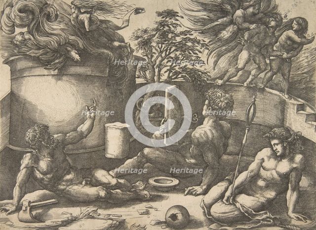 Cain holding a mirror watching his sacrifice engulfed in flames, Adam and Eve seate..., ca. 1530-50. Creator: Agostino Veneziano.