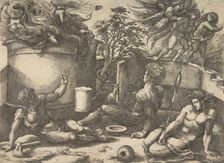 Cain holding a mirror watching his sacrifice engulfed in flames, Adam and Eve seate..., ca. 1530-50. Creator: Agostino Veneziano
