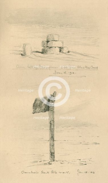 'Cairn Left By The Norwegians, and Amundsen's South Pole Mark', January 1912, (1913).  Artist: Edward Wilson.