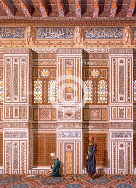 Cairo: Interior of the Mosque of Qaitbay; worshippers pray next to wall niches, or Mihrabs, pub. 187 Creator: Emile Prisse d'Avennes (1807-79).