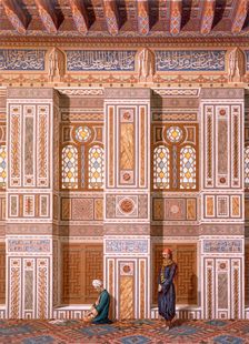 Cairo: Interior of the Mosque of Qaitbay; worshippers pray next to wall niches, or Mihrabs, pub. 187 Creator: Emile Prisse d'Avennes (1807-79)