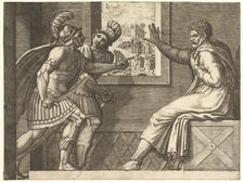 Caius Marius in Prison, two Cimbrian soldiers entering his cell, 1560-69. Creator: Giorgio Ghisi