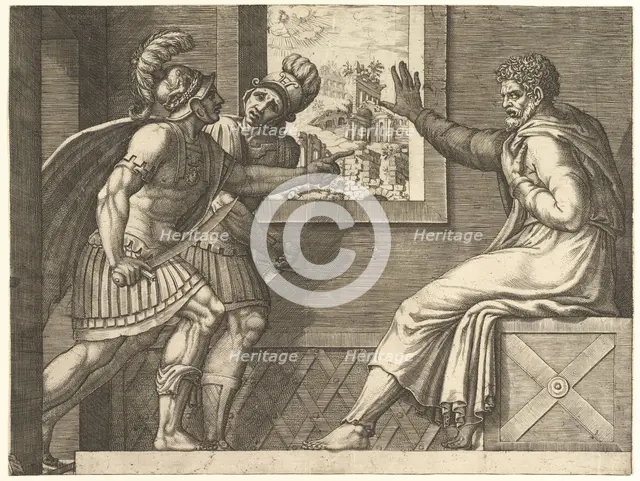 Caius Marius in Prison, two Cimbrian soldiers entering his cell, 1560-69. Creator: Giorgio Ghisi.