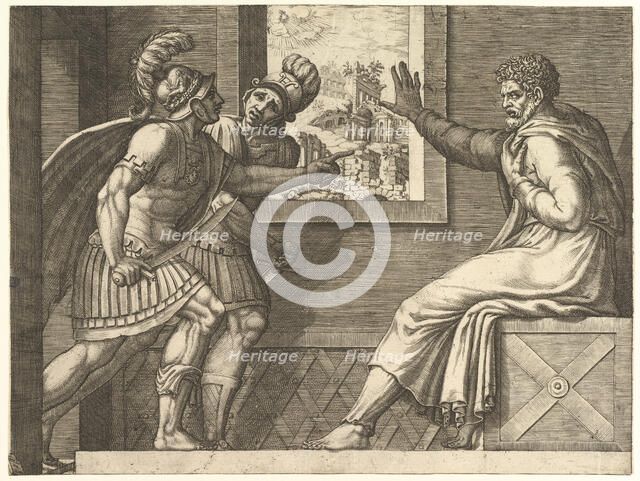 Caius Marius in Prison, two Cimbrian soldiers entering his cell, 1560-69. Creator: Giorgio Ghisi.