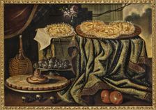 Cake and a glass vase with roses on a draped ledge, a bottle and pewter plates..., Early 18th cen. Creator: Anonymous