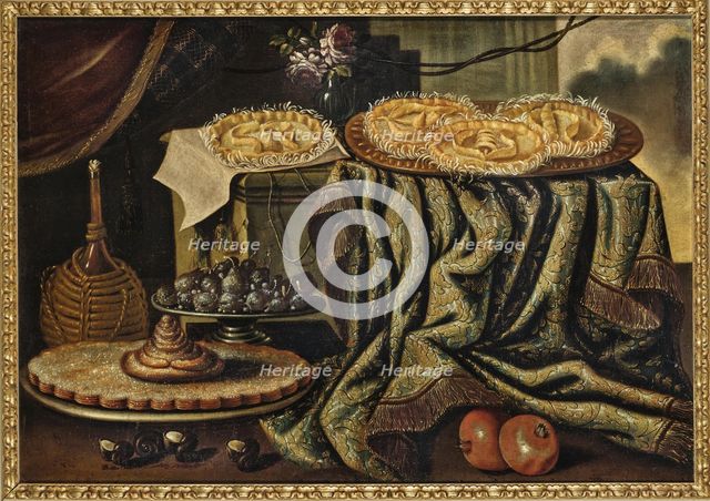 Cake and a glass vase with roses on a draped ledge, a bottle and pewter plates..., Early 18th cen. Creator: Anonymous.