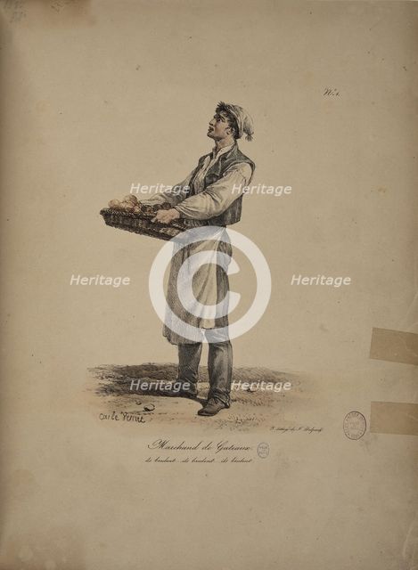 Cake seller. From the Series "Cris de Paris" (The Cries of Paris), 1815. Creator: Vernet, Carle (1758-1836).