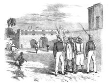 Calcutta Gate and Main Guard, Fort William: Native Prisoners under Escort, 1857. Creator: Unknown