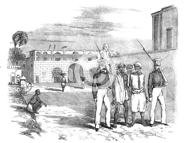 Calcutta Gate and Main Guard, Fort William: Native Prisoners under Escort, 1857. Creator: Unknown.