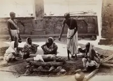 Calcutta, West Bengal: a man about to scatter material from a bowl on a dead body..., c1880s. Creator: Unknown