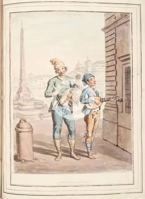 Calabrese Music, leaf from 'A Collection of Dresses by David Allan Mostly from Nature', 1776. Creator: David Allan.