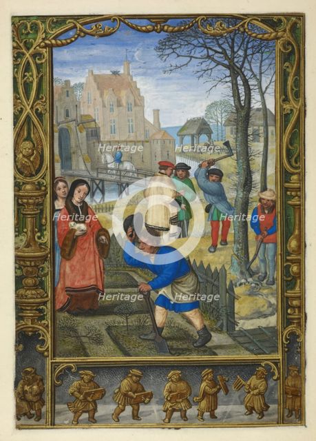 Calendar scene for March: gardening and felling trees, 1520-1530.  Creator: Unknown.