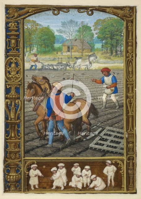 Calendar scene for September: Ploughing, sowing and harrowing, 1520-1530.  Creator: Workshop of Simon Bening.
