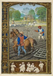 Calendar scene for September: Ploughing, sowing and harrowing, 1520-1530. Creator: Workshop of Simon Bening