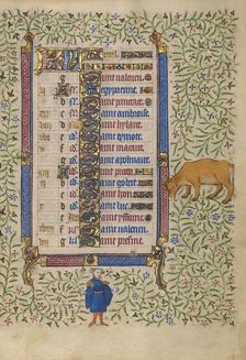 Calendar Page for April: Picking Flowers: Taurus; Book of Hours, about 1410. Creator: Unknown
