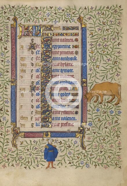 Calendar Page for April: Picking Flowers: Taurus; Book of Hours, about 1410.  Creator: Unknown.