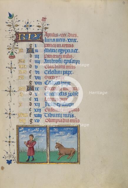 Calendar Page for April: Picking Flowers: Taurus; Book of Hours, about 1450-1455. Creator: Master of the Lee Hours.
