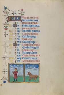 Calendar Page for April: Picking Flowers: Taurus; Book of Hours, about 1450-1455. Creator: Master of the Lee Hours