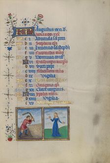 Calendar Page for August: Threshing: Virgo; Book of Hours, about 1450-1455. Creator: Master of the Lee Hours
