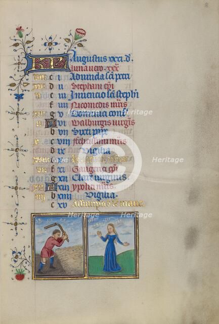 Calendar Page for August: Threshing: Virgo; Book of Hours, about 1450-1455. Creator: Master of the Lee Hours.
