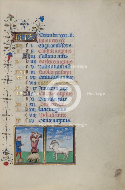 Calendar Page for December: Slaughtering a Pig: Capricorn; Book of Hours, about 1450-1455. Creator: Master of the Lee Hours.