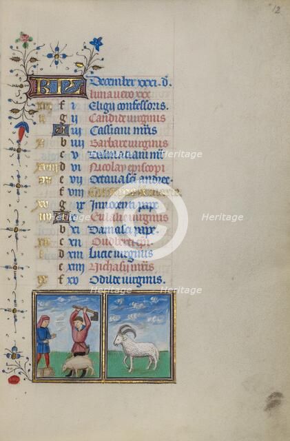 Calendar Page for December: Slaughtering a Pig: Capricorn; Book of Hours, about 1450-1455. Creator: Master of the Lee Hours.