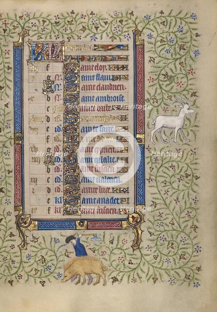 Calendar Page for December: Slaughtering Pigs: Capricorn; Book of Hours, about 1410. Creator: Unknown.