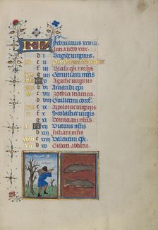 Calendar Page for February: Chopping Trees: Pisces; Book of Hours, about 1450-1455. Creator: Master of the Lee Hours