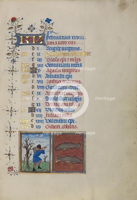 Calendar Page for February: Chopping Trees: Pisces; Book of Hours, about 1450-1455. Creator: Master of the Lee Hours.