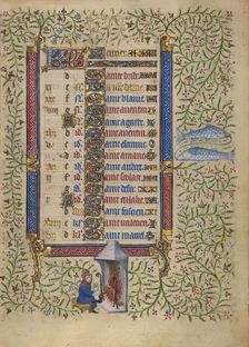 Calendar Page for February: Keeping Warm: Pisces; Book of Hours, about 1410. Creator: Unknown