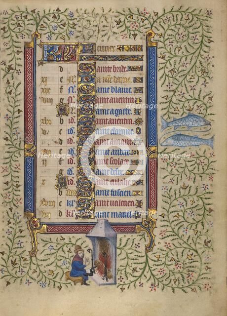 Calendar Page for February: Keeping Warm: Pisces; Book of Hours, about 1410. Creator: Unknown.