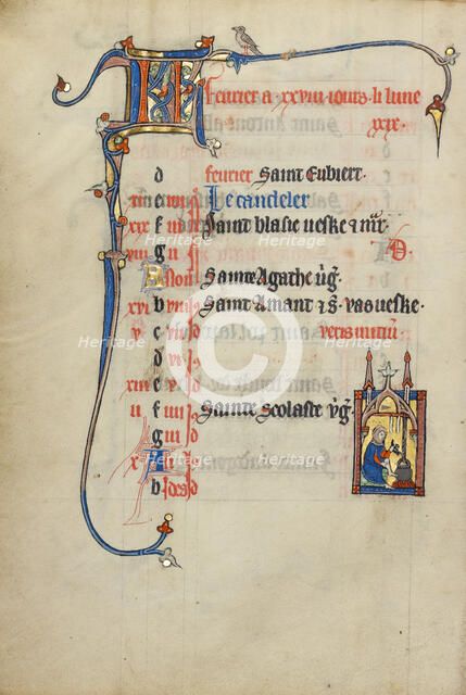 Calendar Page for February; Keeping Warm; Ruskin Hours, about 1300. Creator: Unknown.