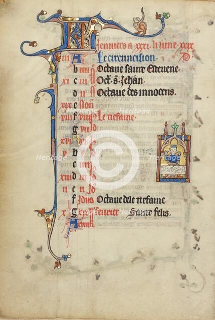 Calendar Page for January: Feasting: Janus; Ruskin Hours, about 1300. Creator: Unknown.