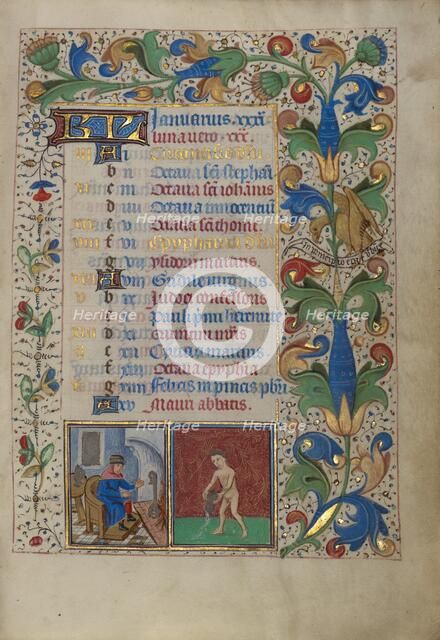 Calendar Page for January: Keeping Warm: Aquarius; Book of Hours, about 1450-1455. Creator: Master of the Lee Hours.