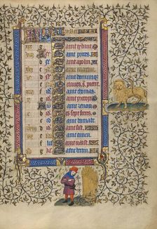Calendar Page for July: Harvesting Wheat: Leo; Book of Hours, about 1410. Creator: Unknown