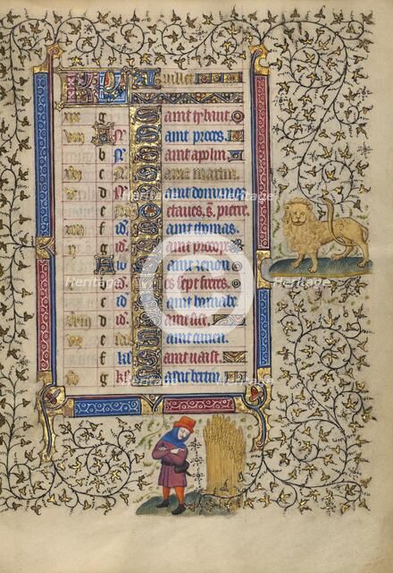Calendar Page for July: Harvesting Wheat: Leo; Book of Hours, about 1410. Creator: Unknown.